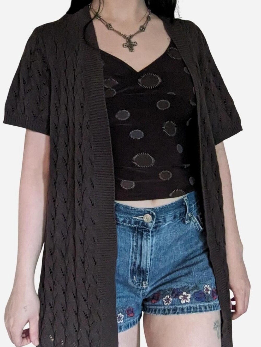 y2k brown open front cardigan with knit pattern